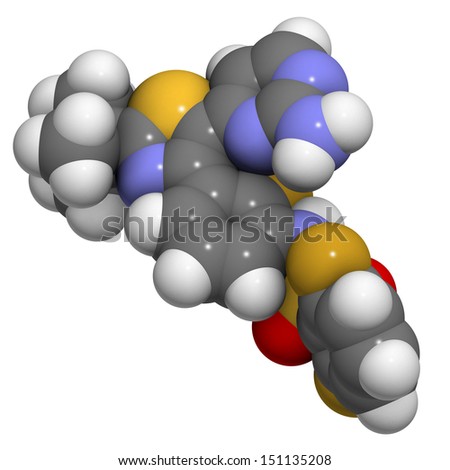 Dabrafenib melanoma cancer drug, chemical structure. Atoms are represented as spheres with conventional color coding: hydrogen (white), carbon (grey), nitrogen (blue), oxygen (red), etc