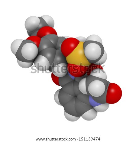 Apremilast investigational psoriasis drug, chemical structure. Atoms are represented as spheres with conventional color coding: hydrogen (white), carbon (grey), nitrogen (blue), oxygen (red), etc