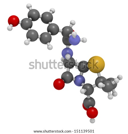 Amoxicillin beta-lactam antibiotic drug, chemical structure. Atoms are represented as spheres with conventional color coding: hydrogen (white), carbon (grey), nitrogen (blue), oxygen (red), etc