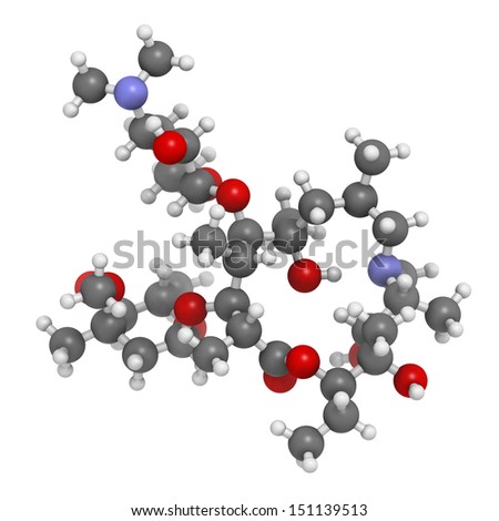 Azithromycin antibiotic drug (macrolide class), chemical structure. Atoms are represented as spheres with conventional color coding: hydrogen (white), carbon (grey), nitrogen (blue), oxygen (red).