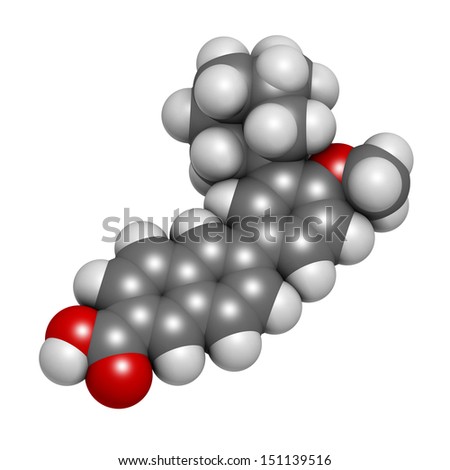 Adapalene acne treatment drug, chemical structure. Atoms are represented as spheres with conventional color coding: hydrogen (white), carbon (grey), oxygen (red).