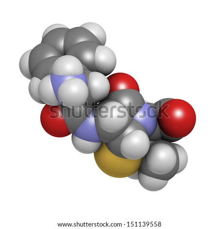 Ampicillin beta-lactam antibiotic drug, chemical structure. Atoms are represented as spheres with conventional color coding: hydrogen (white), carbon (grey), nitrogen (blue), oxygen (red), etc