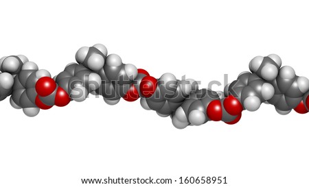 Polycarbonate (PC) plastic, chemical structure - linear fragment (detail). Made from phosgene and bisphenol A. Atoms are represented as spheres with conventional color coding: hydrogen (white), etc