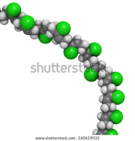 Neoprene (polychloroprene) synthetic rubber - linear fragment (detail). Atoms are represented as spheres with conventional color coding: hydrogen (white), carbon (grey), chlorine (green)