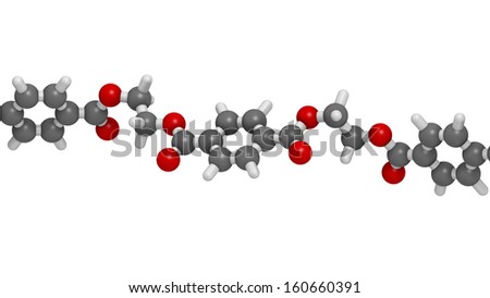 Polyethylene terephthalate (PET, PETE) polyester plastic, chemical structure - linear fragment (detail). Mainly used in synthetic fibers and plastic bottles. Atoms are represented as spheres