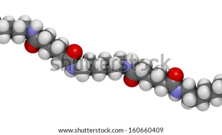 Nylon (nylon-6,6) plastic polymer, chemical structure - linear fragment (detail). Atoms are represented as spheres with conventional color coding: hydrogen (white), carbon (grey), oxygen (red), etc