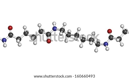 Nylon (nylon-6,6) plastic polymer, chemical structure - linear fragment (detail). Atoms are represented as spheres with conventional color coding: hydrogen (white), carbon (grey), oxygen (red), etc
