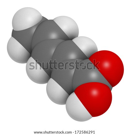 Sorbic acid food preservative molecule. Sorbate (sodium, potassium, calcium) is also used for the same purpose. Atoms are represented as spheres with conventional color coding: hydrogen (white), etc