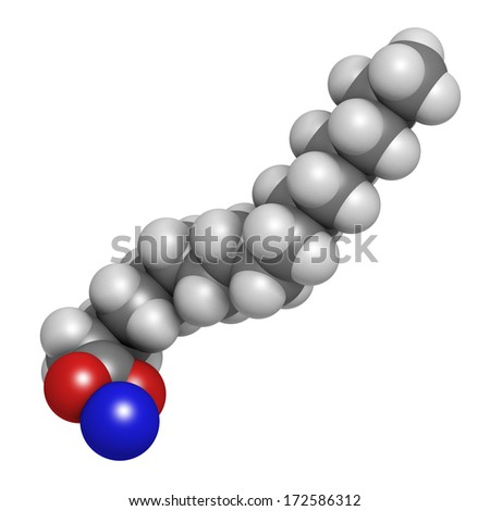 Sodium palmitate soap molecule. Prepared from palm oil by saponification. Atoms are represented as spheres with conventional color coding: hydrogen (white), carbon (grey), sodium (blue), oxygen (red).