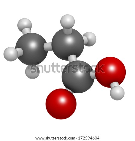 Propionic acid (propanoic acid) molecule. Used as preservative in food. Atoms are represented as spheres with conventional color coding: hydrogen (white), carbon (grey), oxygen (red).