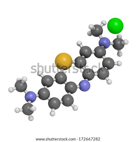 Methylene blue (methylthionium chloride) dye molecule. Atoms are represented as spheres with conventional color coding: hydrogen (white), carbon (grey), nitrogen (blue), sulfur (yellow), etc