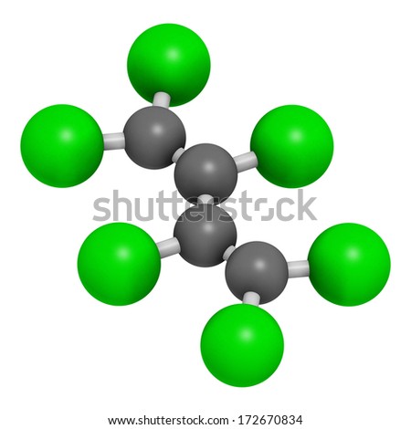 Hexachlorobutadiene (HBCD) solvent molecule. Also used as algicide and herbicide. Atoms are represented as spheres with conventional color coding: hydrogen (white), carbon (grey), nitrogen (blue), etc