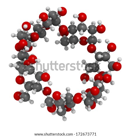 Beta-cyclodextrin molecule. Used in pharmaceuticals, food, deodorizing products, etc. Composed of glucose molecules. Atoms represented as spheres with conventional color coding: hydrogen (white), etc