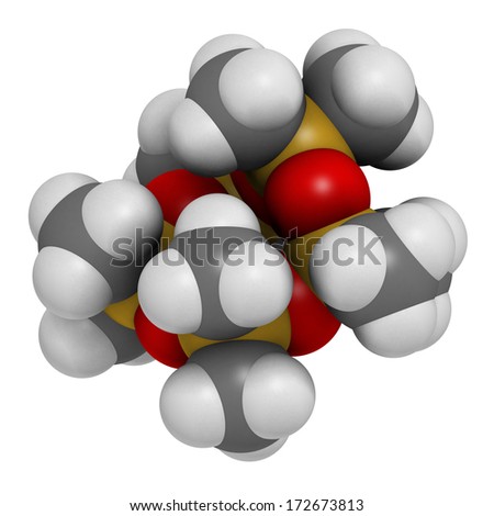 Decamethylcyclopentasiloxane (D5) molecule. Cyclic silicone chemical, frequently used in cosmetics (deodorants, sunblocks, hair and skin care, etc.). Atoms represented as spheres.