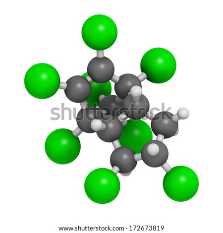 Chlordane banned pesticide molecule. Highly toxic and carcinogenic insecticide. Atoms are represented as spheres with conventional color coding: hydrogen (white), carbon (grey), chlorine (green).