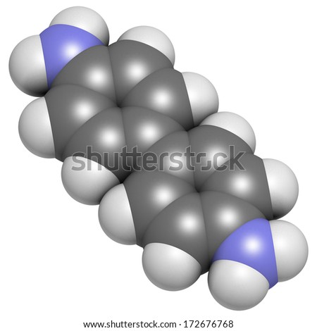 Benzidine (4,4Ã?Â¢??-diaminobiphenyl) chemical. Highly carcinogenic. Used in production of dyes. Atoms are represented as spheres with conventional color coding: hydrogen (white), carbon (grey), etc