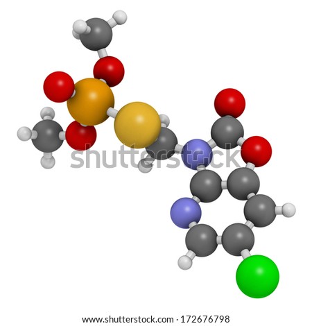 Azamethiphos pesticide molecule. Used in flypaper, veterinary medicine, etc. Atoms are represented as spheres with conventional color coding: hydrogen (white), carbon (grey), nitrogen (blue), etc