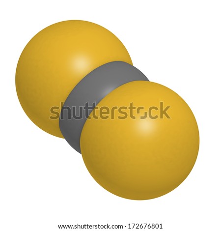 Carbon disulfide (CS2) molecule. Liquid used for fumigation and as insecticide. Atoms are represented as spheres with conventional color coding: sulfur (yellow), carbon (grey).