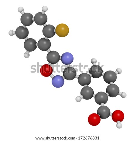 Ataluren genetic disorder drug. Investigated in treatment of cystic fibrosis and Duchenne muscular dystrophy. Thought to work by making ribosomes skip stop codons. Atoms are represented as spheres.
