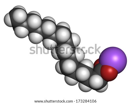 Sodium palmitate soap molecule. Prepared from palm oil by saponification. Atoms represented as spheres with conventional color coding: hydrogen (white), carbon (grey), sodium (purple), oxygen (red).