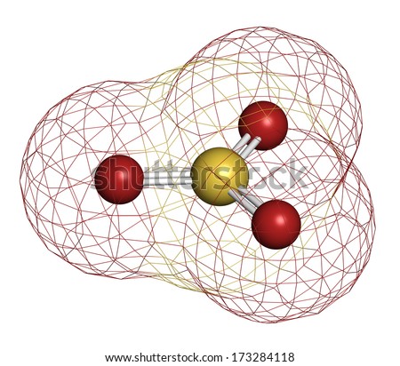 Sulfur trioxide pollutant molecule. Principal agent in acid rain. Atoms are represented as spheres with conventional color coding: sulfur (yellow), oxygen (red).