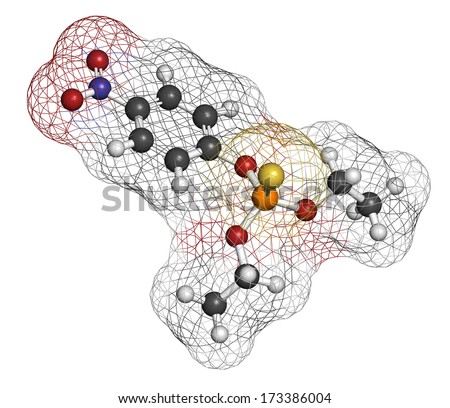 Parathion pesticide molecule. Organophosphate insecticide, has also been used as chemical weapon. Atoms are represented as spheres with conventional color coding: hydrogen (white), carbon (grey), etc