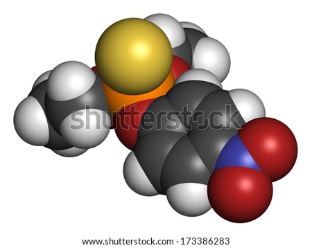 Parathion pesticide molecule. Organophosphate insecticide, has also been used as chemical weapon. Atoms are represented as spheres with conventional color coding: hydrogen (white), carbon (grey), etc
