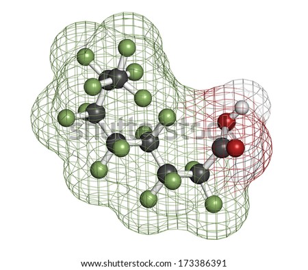Perfluorooctanoic acid (PFOA, C8) molecule. Important and persistent pollutant. Atoms are represented as spheres with conventional color coding: hydrogen (white), carbon (grey), fluorine (green), etc