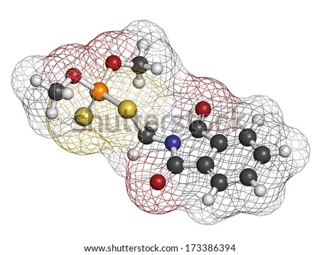 Phosmet organophosphate insecticide molecule. Atoms are represented as spheres with conventional color coding: hydrogen (white), carbon (grey), nitrogen (blue), oxygen (red), sulfur (yellow), etc