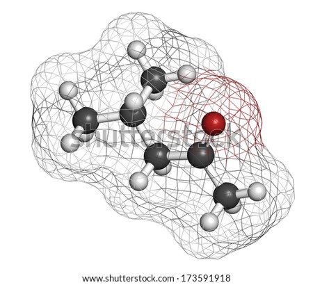 Methyl isobutyl ketone molecule. Used as chemical solvent and to denature alcohol. Atoms are represented as spheres with conventional color coding: hydrogen (white), carbon (grey), oxygen (red).