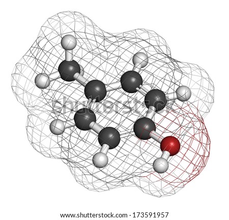 P-cresol (para-cresol, 4-methylphenol) molecule. Component of human sweat. Atoms are represented as spheres with conventional color coding: hydrogen (white), carbon (grey), oxygen (red).