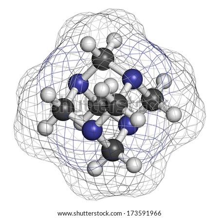 Hexamethylenetetramine (methenamine) molecule. Medically used to treat urinary tract infection. Used as food preservative (E239). Atoms are represented as spheres with conventional color coding.
