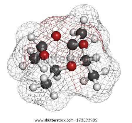 Metaldehyde pesticide molecule. Used against slugs and snails and as solid camping fuel. Atoms are represented as spheres with conventional color coding: hydrogen (white), carbon (grey), oxygen (red).