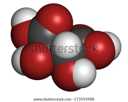 Tartaric acid (dextrotartaric acid) molecule. Acid present in wine, added as oxidant additive E334 to food. Atoms are represented as spheres with conventional color coding: hydrogen (white), etc