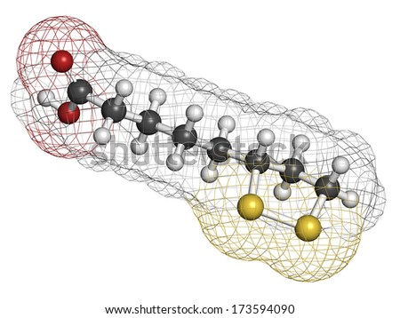 Lipoic acid enzyme cofactor molecule. Present in many nutritional supplements. Believed to have anti-oxidant, anti-aging and weight-loss effects. Atoms represented as spheres with conventional color.
