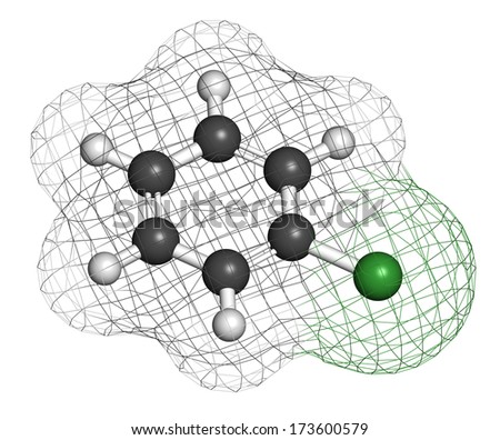 Chlorobenzene industrial solvent molecule. Atoms are represented as spheres with conventional color coding: hydrogen (white), carbon (grey), chlorine (green).