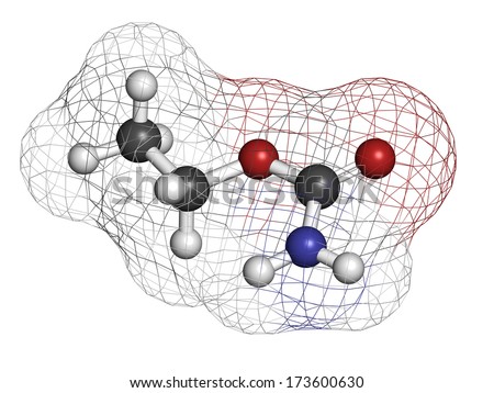 Ethyl carbamate carcinogenic molecule. Present in fermented food and beverages and especially in distilled beverages. Atoms are represented as spheres with conventional color coding.