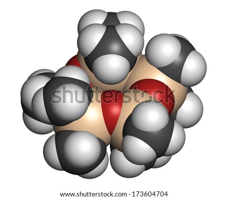 Decamethylcyclopentasiloxane (D5) molecule. Cyclic silicone chemical, frequently used in cosmetics (deodorants, sunblocks, hair and skin care, etc.). Atoms are represented as spheres.