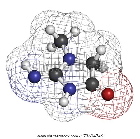 Creatinine molecule. Creatine breakdown product. Creatinine clearance is used to measure kidney function. Atoms are represented as spheres with conventional color coding: hydrogen (white),...