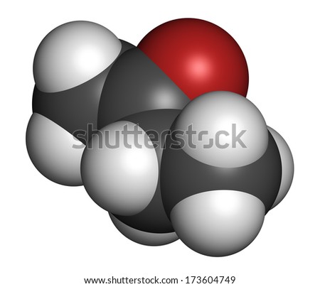 Butanone (methyl ethyl ketone, MEK) industrial solvent, chemical structure. Atoms are represented as spheres with conventional color coding: hydrogen (white), carbon (grey), oxygen (red).