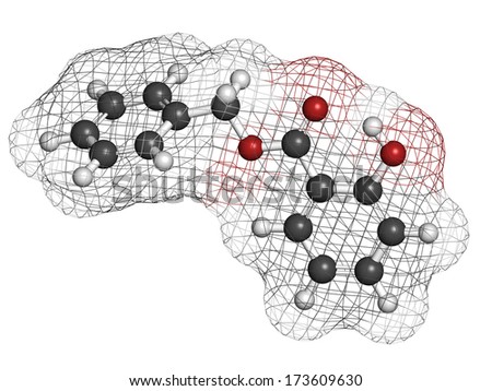 Benzyl salicylate (benzyl 4-hydroxybenzoate) molecule. Used in cosmetics and perfumes. Atoms are represented as spheres with conventional color coding: hydrogen (white), carbon (grey), oxygen (red).