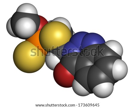 Azinphos-methyl organophosphate insecticide. Acts as neurotoxin through the inhibition of acetylcholinesterase. Atoms are represented as spheres with conventional color coding: hydrogen (white), etc.