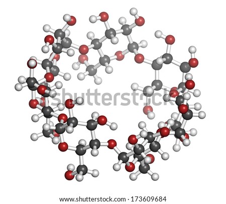 Beta-cyclodextrin molecule. Used in pharmaceuticals, food, deodorizing products, etc. Composed of glucose molecules. Atoms are represented as spheres with conventional color coding.