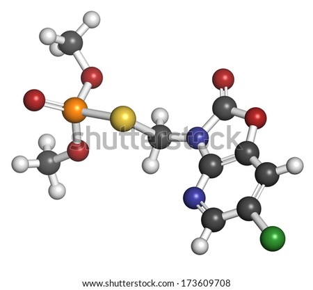 Azamethiphos pesticide molecule. Used in flypaper, veterinary medicine, etc. Atoms are represented as spheres with conventional color coding: hydrogen (white), carbon (grey), etc.