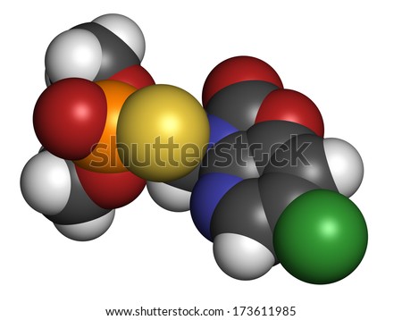 Azamethiphos pesticide molecule. Used in flypaper, veterinary medicine, etc. Atoms are represented as spheres with conventional color coding: hydrogen (white), carbon (grey), etc