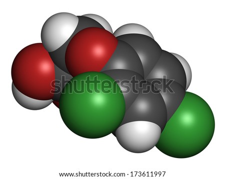 2,4-D (2,4-dichlorophenoxyacetic acid) Agent Orange ingredient. Synthetic auxin plant hormone, used as pesticide and herbicide and ingredient of Agent Orange. Atoms are represented as spheres.