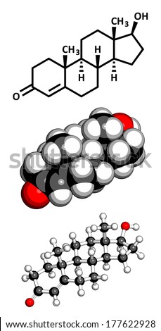 Testosterone male sex hormone molecule. Three representations: 2D skeletal formula, 3D ball-and-stick model, 3D space-filling model. Atoms are represented as spheres with conventional color coding.
