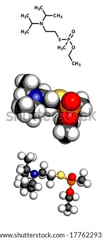 VX nerve agent molecule. Chemical weapon, classified as a weapon of mass destruction. Three representations: 2D skeletal formula, 3D space-filling model and 3D ball-and-stick model.