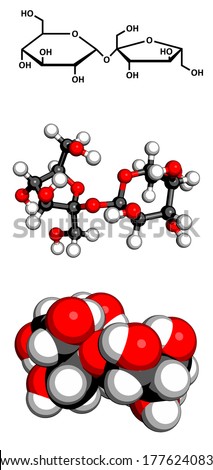 Sugar (sucrose, saccharose) molecule. Three representations: 2D skeletal formula, 3D ball-and-stick model, 3D space-filling model. Atoms are represented as spheres with conventional color coding.