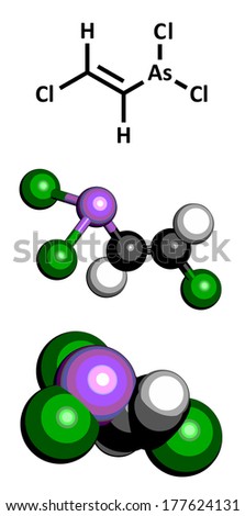 Lewisite chemical weapon molecule. Organoarsenic compound. Three representations: 2D skeletal formula, 3D ball-and-stick model, 3D space-filling model.